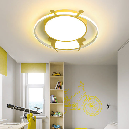 Kids LED Flush Mount Lamp with Metal Ring - Pink/Yellow Pendant Light featuring Acrylic Bee Shade in Warm/White Light