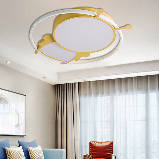 Kids LED Flush Mount Lamp with Metal Ring - Pink/Yellow Pendant Light featuring Acrylic Bee Shade in Warm/White Light