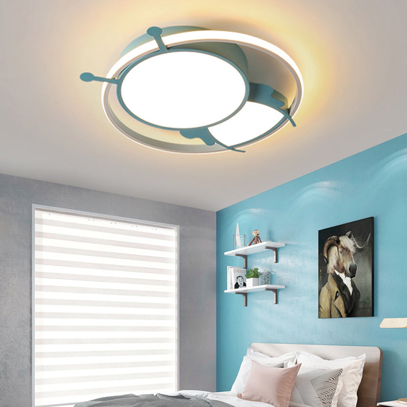 Kids LED Flush Mount Lamp with Metal Ring - Pink/Yellow Pendant Light featuring Acrylic Bee Shade in Warm/White Light