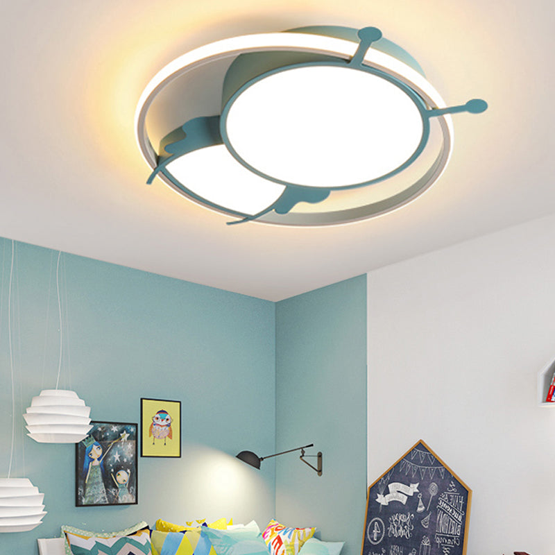 Kids LED Flush Mount Lamp with Metal Ring - Pink/Yellow Pendant Light featuring Acrylic Bee Shade in Warm/White Light