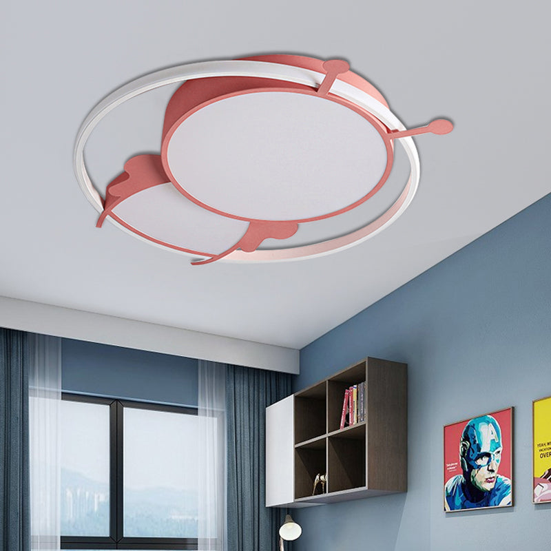 Kids LED Flush Mount Lamp with Metal Ring - Pink/Yellow Pendant Light featuring Acrylic Bee Shade in Warm/White Light