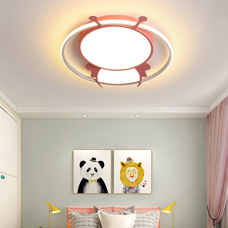 Kids LED Flush Mount Lamp with Metal Ring - Pink/Yellow Pendant Light featuring Acrylic Bee Shade in Warm/White Light