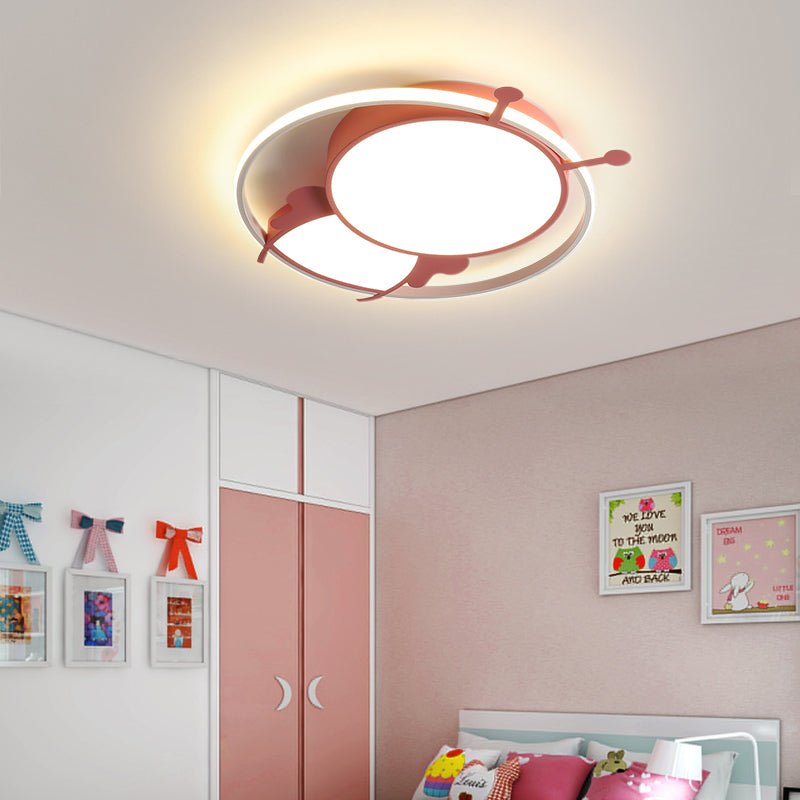 Kids LED Flush Mount Lamp with Metal Ring - Pink/Yellow Pendant Light featuring Acrylic Bee Shade in Warm/White Light