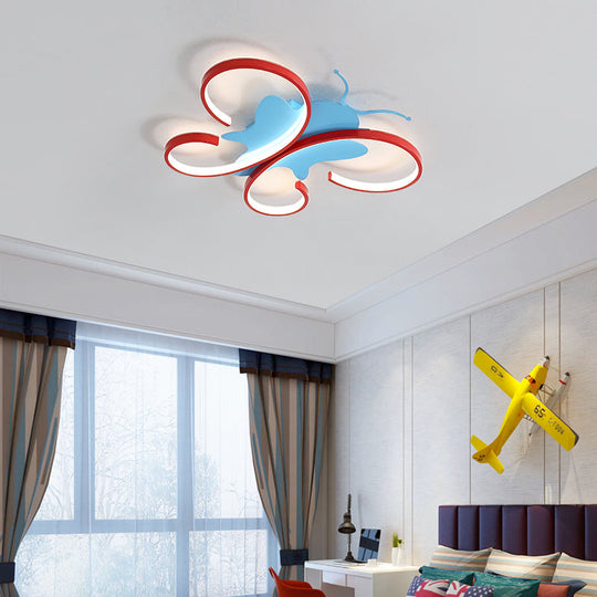 Butterfly Aluminum LED Flush Pendant Light for Kids, Blue/Red Ceiling Light with Warm/White Glow