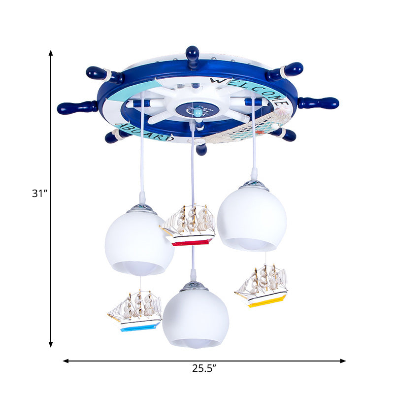 White Glass Kids Hanging Lamp With 3 Heads Pendant Lighting In Blue - Rudder Shaped Canopy