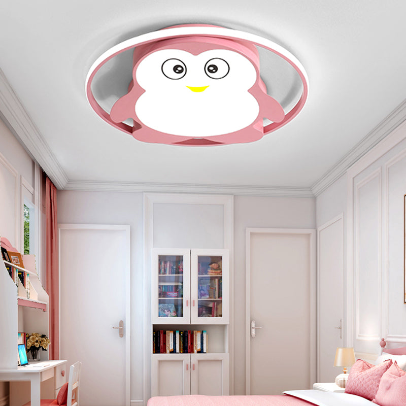 Penguin Bedroom LED Ceiling Fixture - Blue/Pink Cartoon Flush Mount