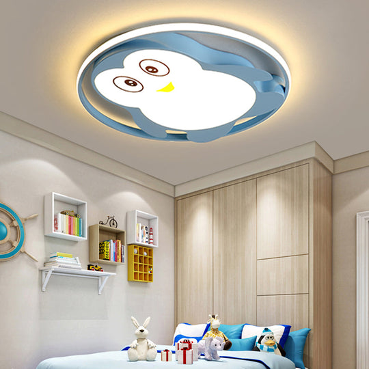 Penguin Bedroom LED Ceiling Fixture - Blue/Pink Cartoon Flush Mount