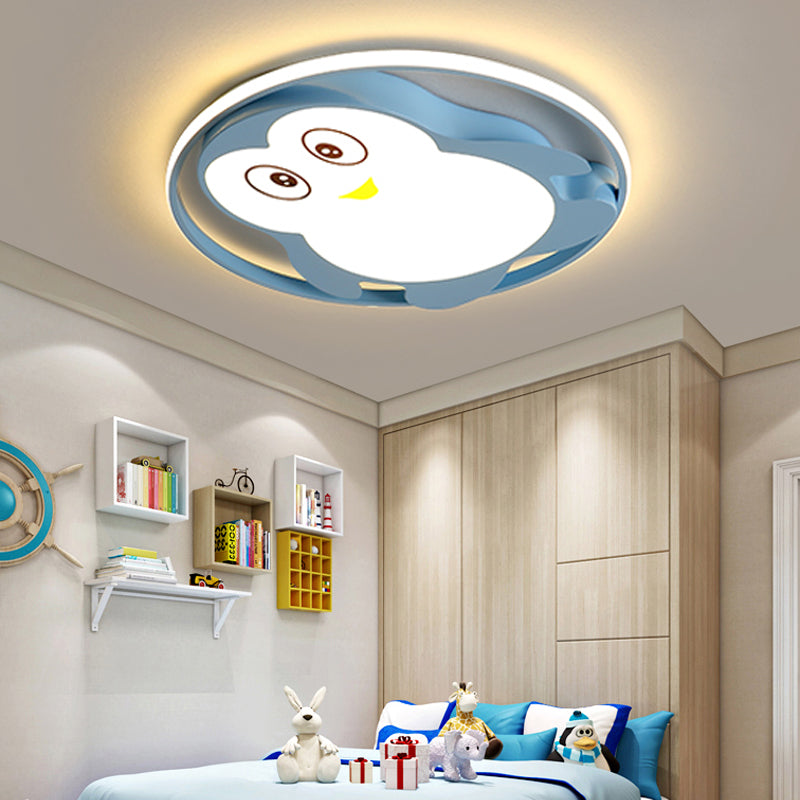 Penguin Bedroom Led Ceiling Fixture - Blue/Pink Cartoon Flush Mount Blue