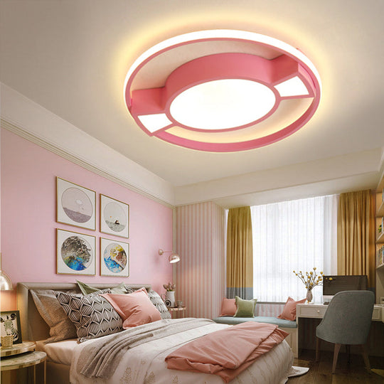 Contemporary LED Flush Pendant Light with Candy Design for Child's Bedroom - Metal Ring with Blue/Pink