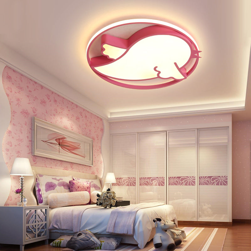 Bird Shaped LED Flushmount Light for Child Bedroom - Blue/Pink Acrylic Ceiling Fixture with Metal Ring