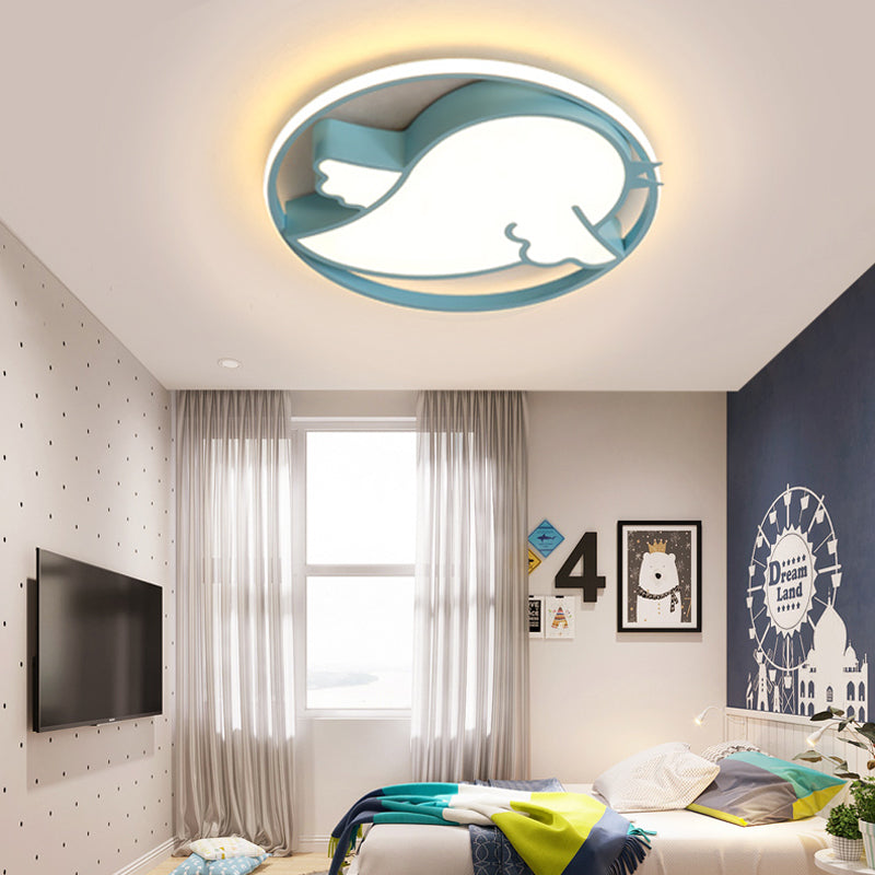 Bird Shaped LED Flushmount Light for Child Bedroom - Blue/Pink Acrylic Ceiling Fixture with Metal Ring