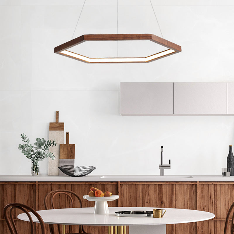 Contemporary Hexagonal Wood and Acrylic Pendant Chandelier with LED Lighting, 16"/19.5"/23.5" Wide