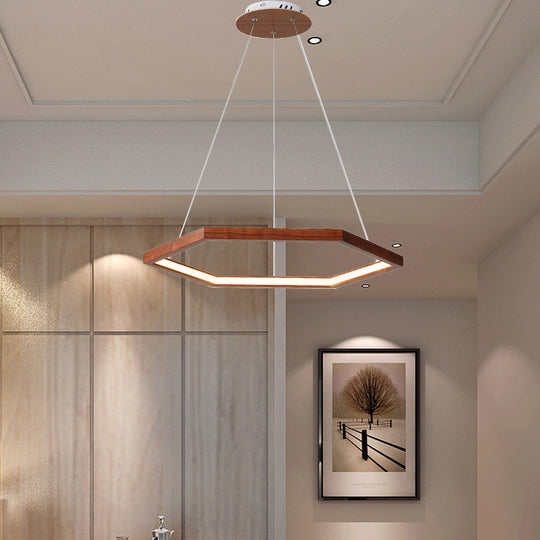 Contemporary Hexagonal Wood and Acrylic Pendant Chandelier with LED Lighting, 16"/19.5"/23.5" Wide