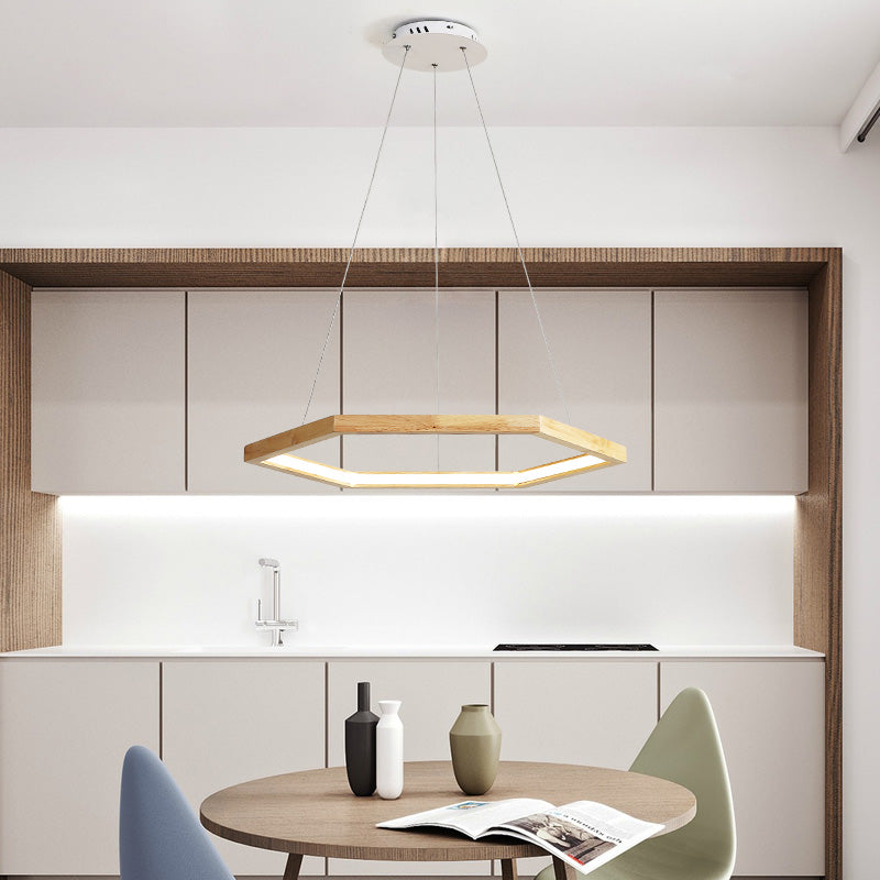 Contemporary Hexagonal Wood and Acrylic Pendant Chandelier with LED Lighting, 16"/19.5"/23.5" Wide