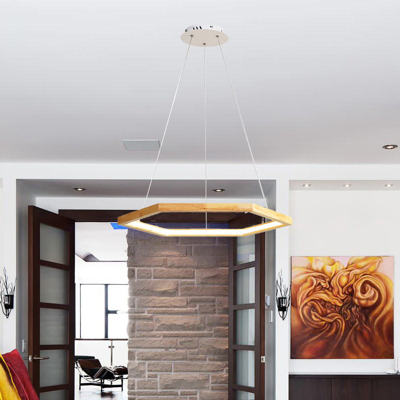 Contemporary Hexagonal Wood and Acrylic Pendant Chandelier with LED Lighting, 16"/19.5"/23.5" Wide