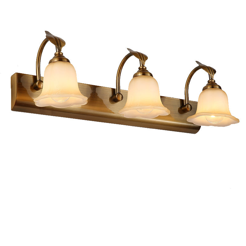 Traditional Brass Flared Bedroom Sconce With Gooseneck Arm - Frosted Glass Vanity Light (1/2/3