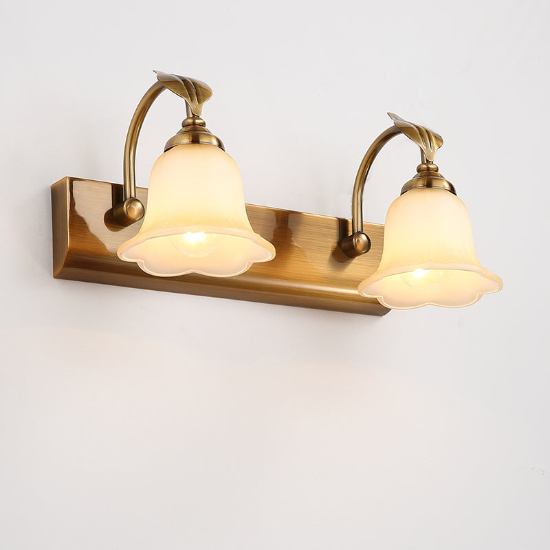 Traditional Brass Flared Bedroom Sconce With Gooseneck Arm - Frosted Glass Vanity Light (1/2/3