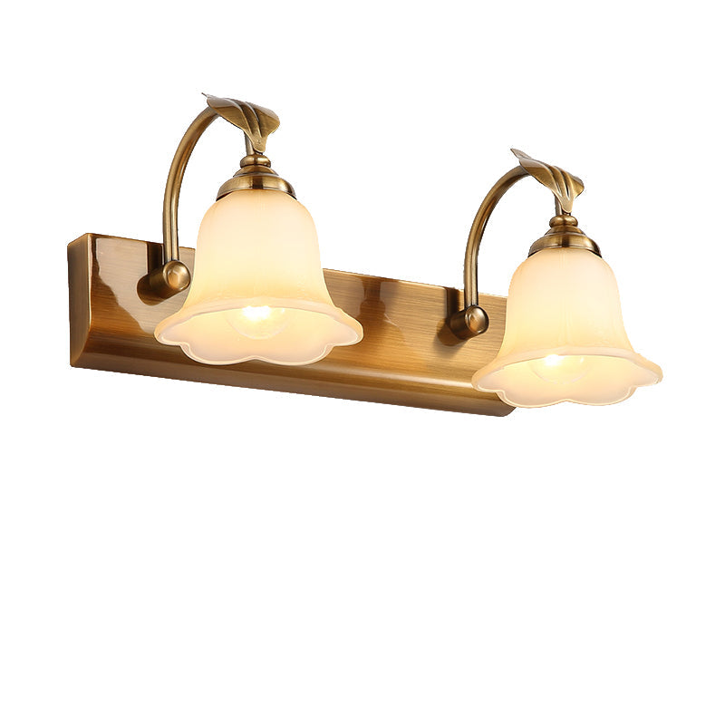 Traditional Brass Flared Bedroom Sconce With Gooseneck Arm - Frosted Glass Vanity Light (1/2/3