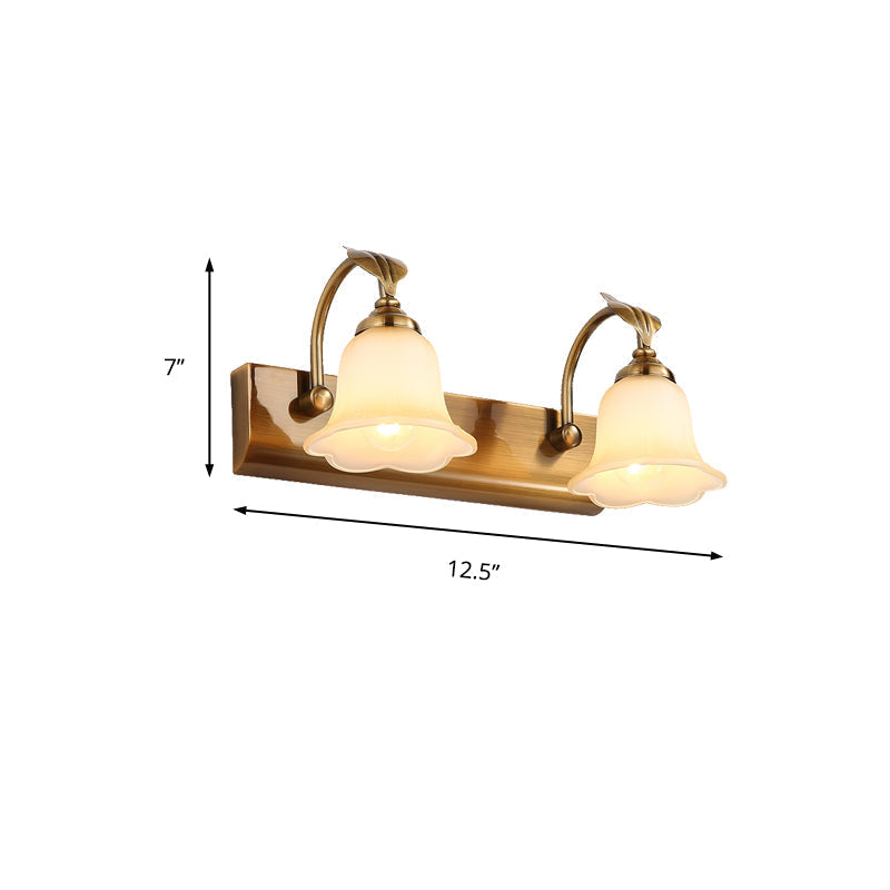 Traditional Brass Flared Bedroom Sconce With Gooseneck Arm - Frosted Glass Vanity Light (1/2/3