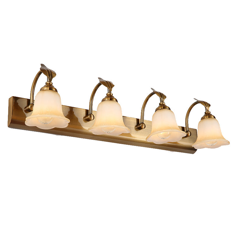 Traditional Brass Flared Bedroom Sconce With Gooseneck Arm - Frosted Glass Vanity Light (1/2/3