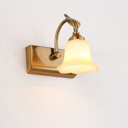 Traditional Brass Flared Bedroom Sconce With Gooseneck Arm - Frosted Glass Vanity Light (1/2/3