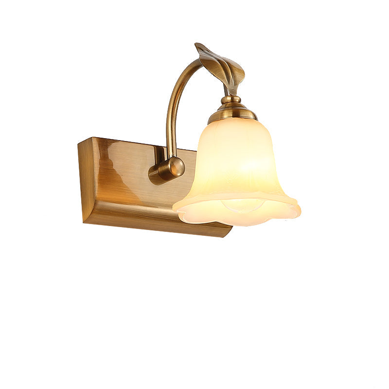 Traditional Brass Flared Bedroom Sconce With Gooseneck Arm - Frosted Glass Vanity Light (1/2/3