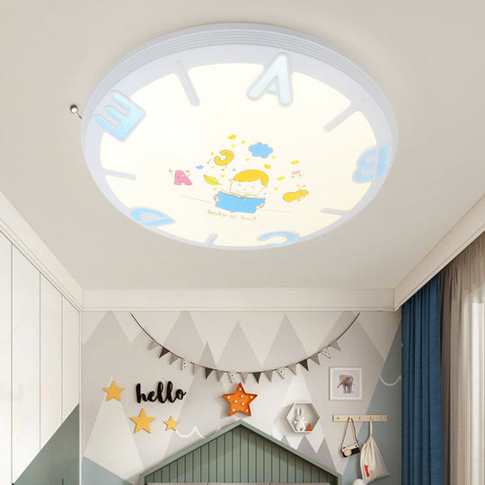 Kids LED Flush Ceiling Light with Letter Pattern in Blue/Pink - Round Shade Plastic Pendant, Ideal for Bedrooms