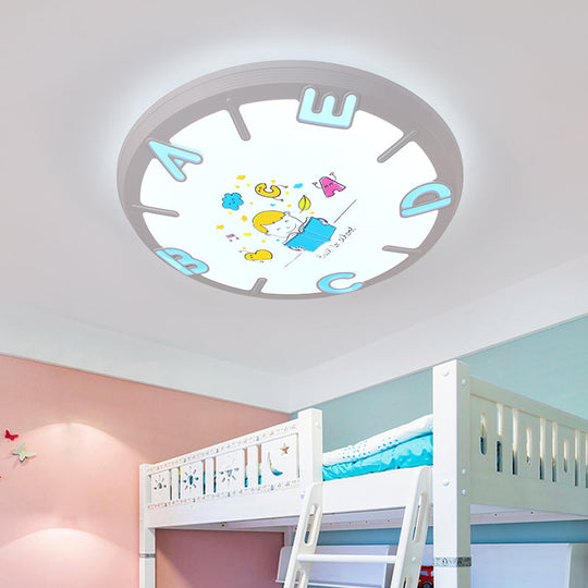 Kids LED Flush Ceiling Light with Letter Pattern in Blue/Pink - Round Shade Plastic Pendant, Ideal for Bedrooms