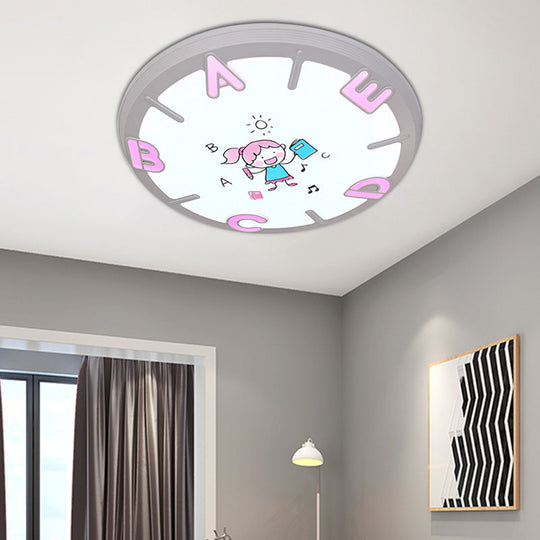 Kids LED Flush Ceiling Light with Letter Pattern in Blue/Pink - Round Shade Plastic Pendant, Ideal for Bedrooms