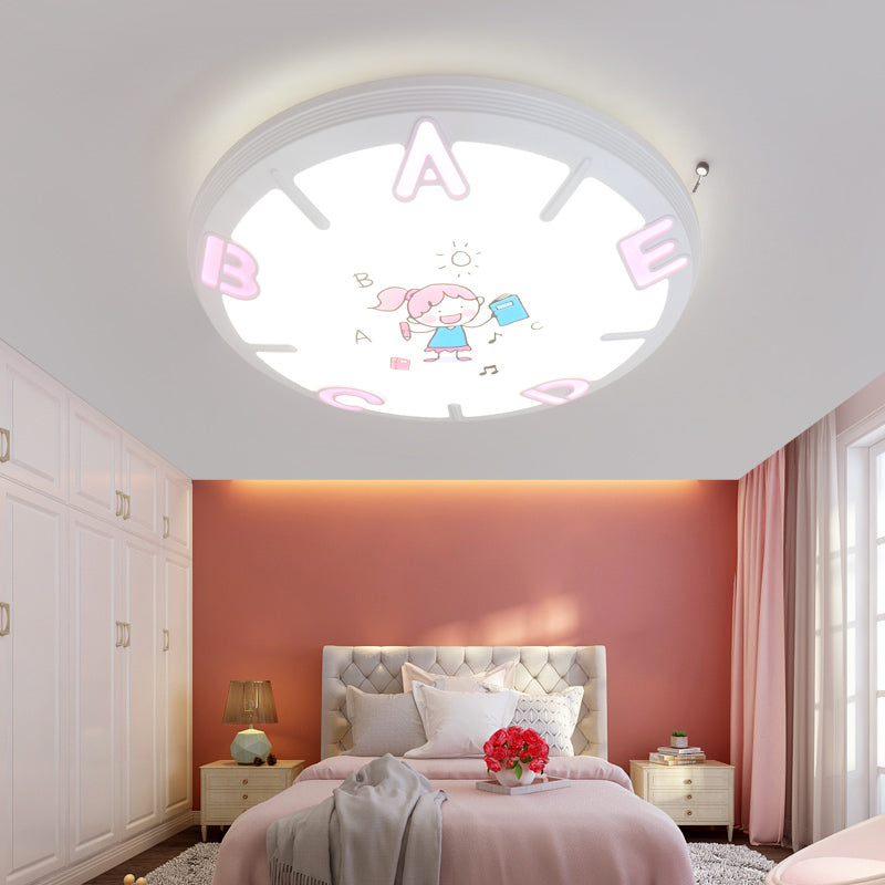 Kids LED Flush Ceiling Light with Letter Pattern in Blue/Pink - Round Shade Plastic Pendant, Ideal for Bedrooms