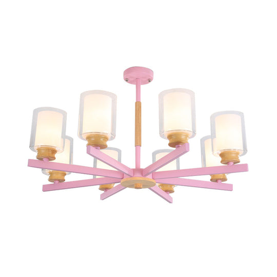 Macaron Cylinder Chandelier Pendant Light - 3/5/6 Lights Pink/Yellow/Green Living Room