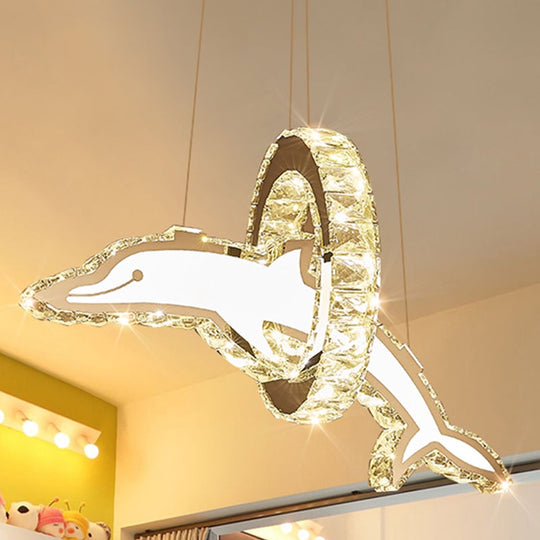 Dolphin and Ring Chandelier Kids LED Pendant Light for Nursery - Crystal, Stainless Steel Fixture