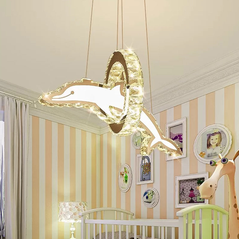 Dolphin and Ring Chandelier Kids LED Pendant Light for Nursery - Crystal, Stainless Steel Fixture