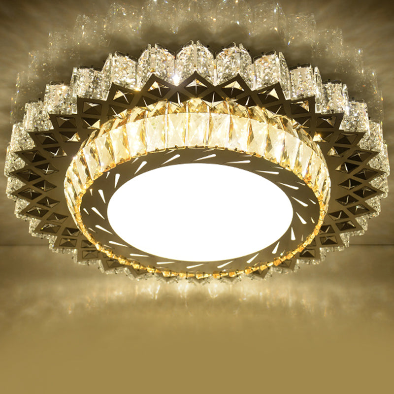 Modern Crystal LED Ceiling Light Fixture for Dining Room - Circular Flush Design with Stainless Steel Frame