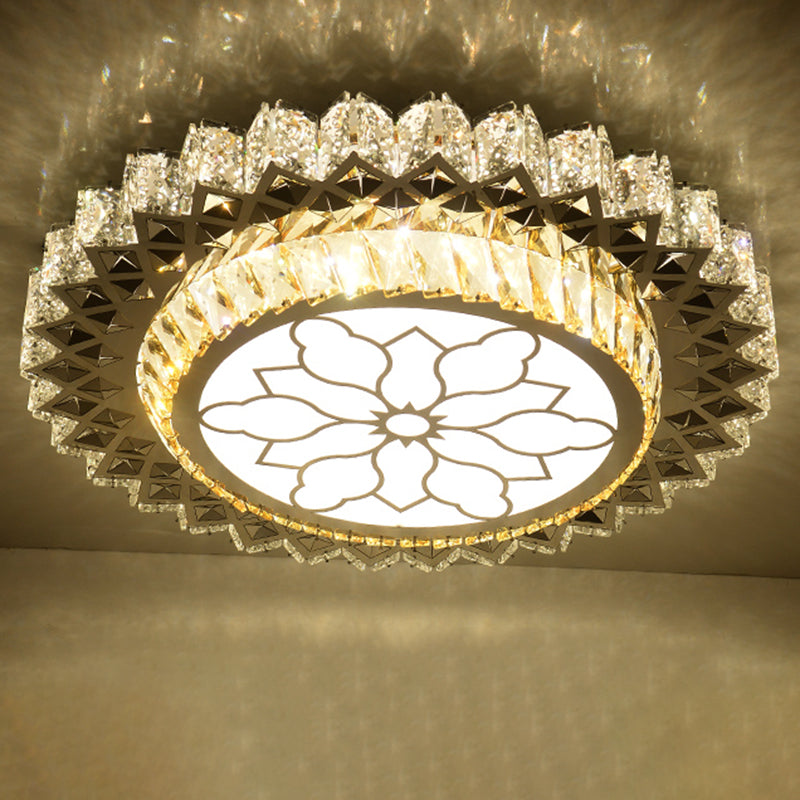 Modern Crystal LED Ceiling Light Fixture for Dining Room - Circular Flush Design with Stainless Steel Frame