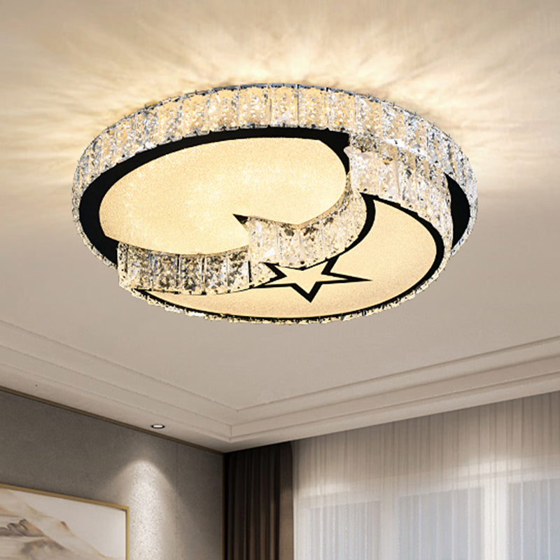 Modern Crystal LED Ceiling Light Fixture for Dining Room - Circular Flush Design with Stainless Steel Frame