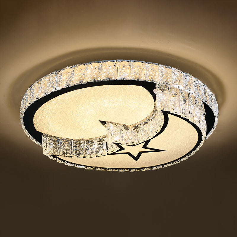 Modern Crystal LED Ceiling Light Fixture for Dining Room - Circular Flush Design with Stainless Steel Frame