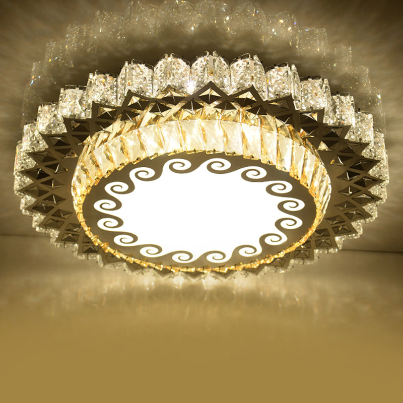 Modern Crystal LED Ceiling Light Fixture for Dining Room - Circular Flush Design with Stainless Steel Frame