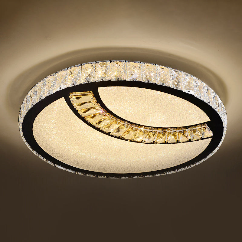 Modern Crystal LED Ceiling Light Fixture for Dining Room - Circular Flush Design with Stainless Steel Frame