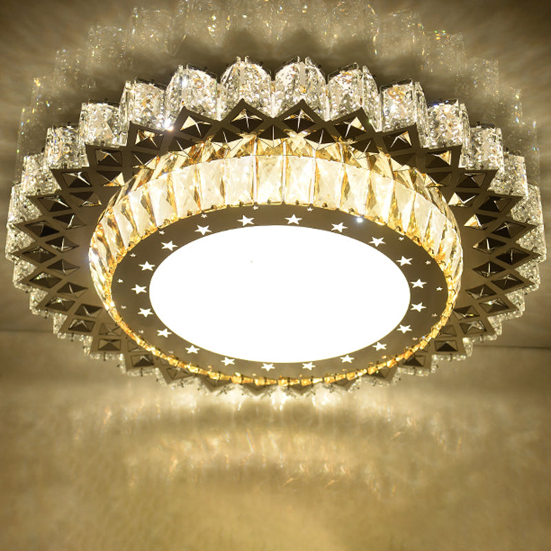 Modern Crystal LED Ceiling Light Fixture for Dining Room - Circular Flush Design with Stainless Steel Frame