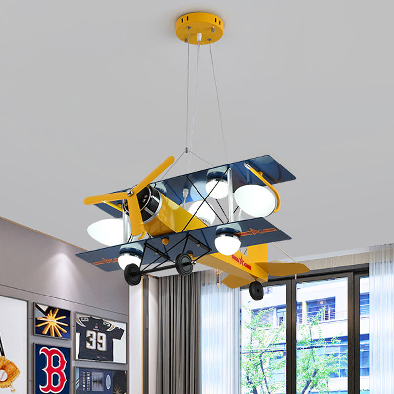 Blue/Yellow Prop Plane Chandelier: Cartoon-Style 7-Light Ceiling Fixture For Bedroom