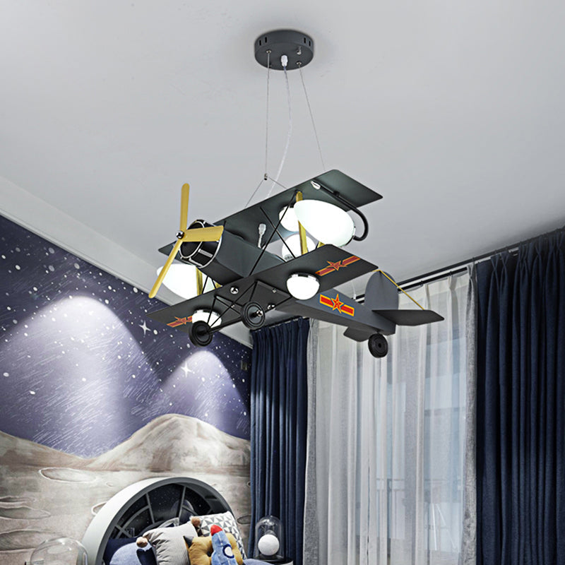 Blue/Yellow Prop Plane Chandelier: Cartoon-Style 7-Light Ceiling Fixture For Bedroom Black