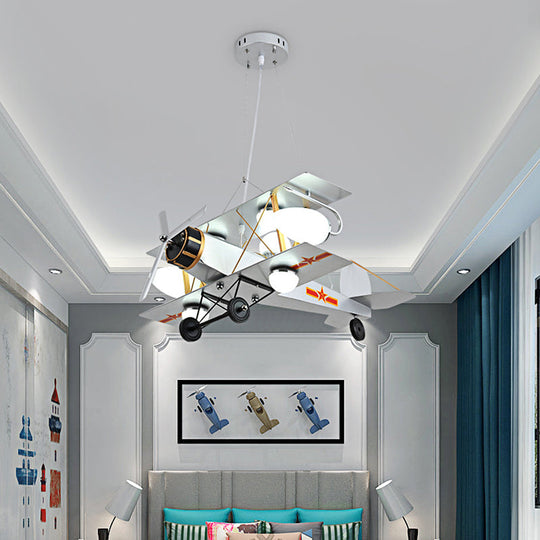 Blue/Yellow Prop Plane Chandelier: Cartoon-Style 7-Light Ceiling Fixture For Bedroom Silver