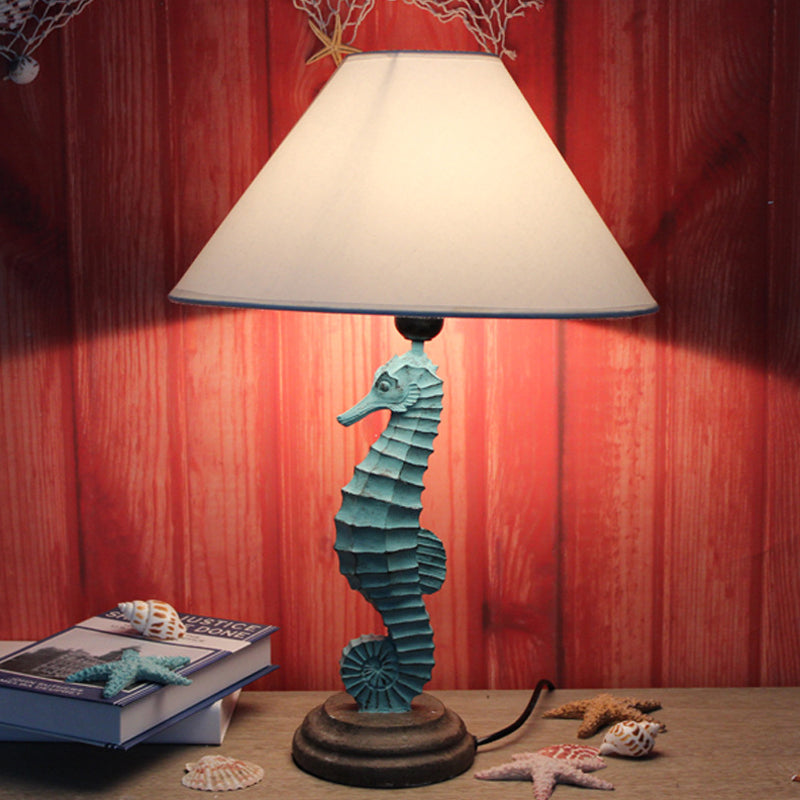 Contemporary Blue/Red Sea Horse Table Lamp With Cone Fabric Shade - Resin 1 Light Blue