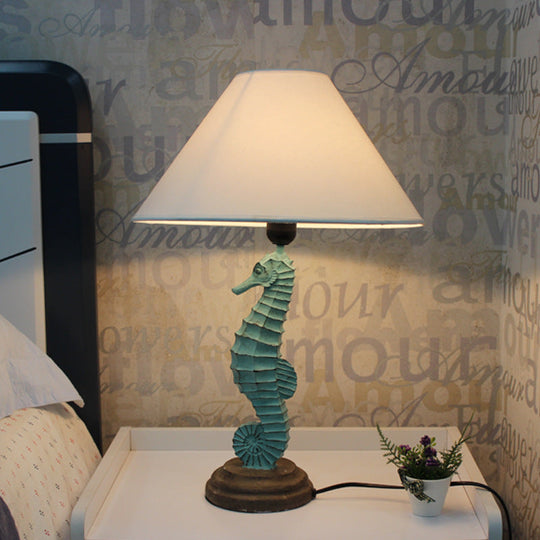 Contemporary Blue/Red Sea Horse Table Lamp With Cone Fabric Shade - Resin 1 Light