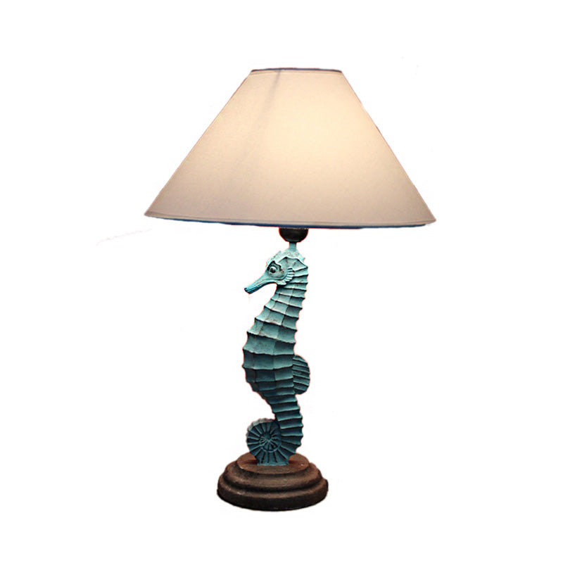 Contemporary Blue/Red Sea Horse Table Lamp With Cone Fabric Shade - Resin 1 Light