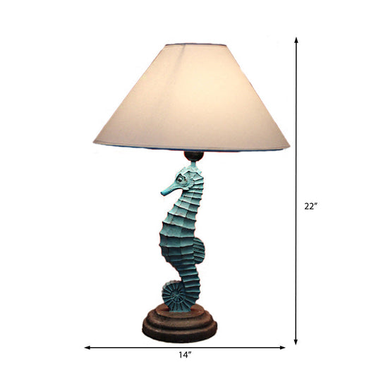 Contemporary Blue/Red Sea Horse Table Lamp With Cone Fabric Shade - Resin 1 Light