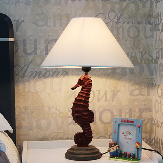 Contemporary Blue/Red Sea Horse Table Lamp With Cone Fabric Shade - Resin 1 Light Red