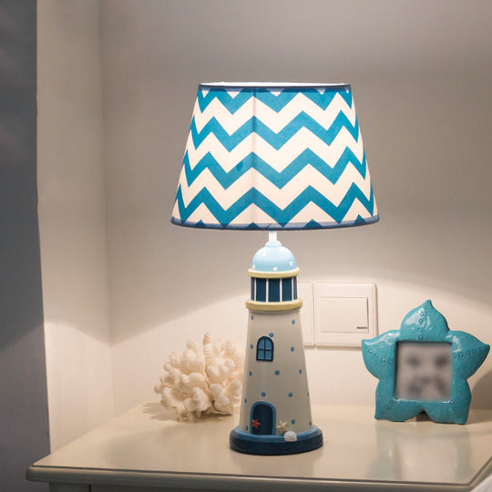 Cartoon Style Fabric Cone Table Lamp 14/18 Wide 1 Light Blue/White Stand Up Resin Tower Base