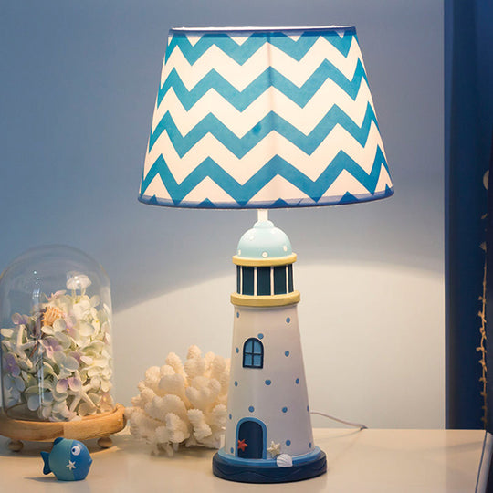 Cartoon Style Fabric Cone Table Lamp 14/18 Wide 1 Light Blue/White Stand Up Resin Tower Base